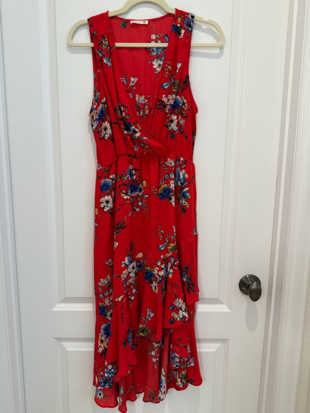 Red Floral Sleeveless Wrap Dress